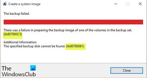 Errori di backup dell'immagine di sistema 0x807800C5 e 0x80780081