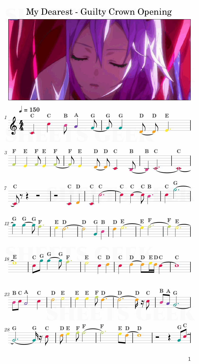 My Dearest - Guilty Crown Opening Easy Sheet Music Free for piano, keyboard, flute, violin, sax, cello page 1