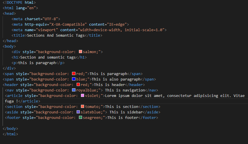 Using Section and Semantic tags in html