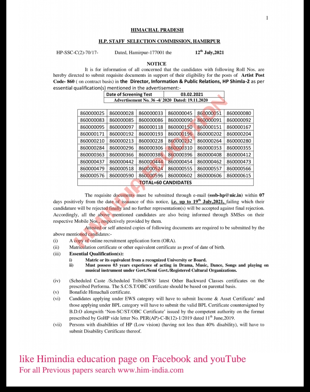 POSTCODE 860 NOTICE HPSSC