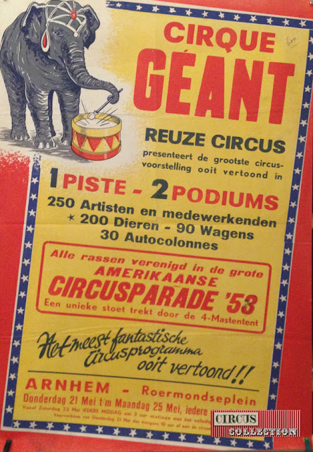 Reuze Circus presenteert de grootste circus-voorstelling ooit vertoond in 1 piste-2podiums, 250 artisten 200 dieren 90 wagens 30 autocolonnes alle rassen verenigd in de grote Amerikaanse circusparade