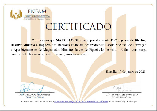 CERTIFICADO DA ESCOLA NACIONAL DE FORMAÇÃO E APERFEIÇOAMENTO DE MAGISTRADOS CONCEDIDO À MARCELO GIL