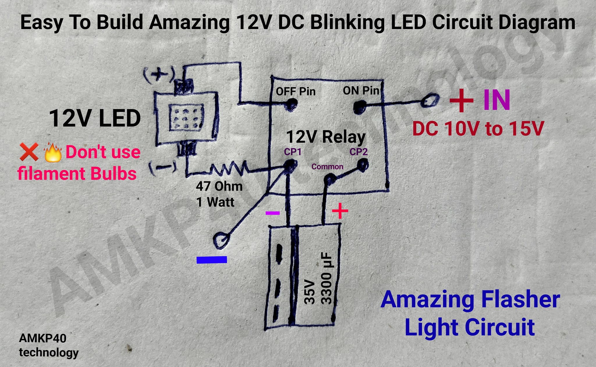 How to make simplest 12v LED flasher light circuit diagram for bike
