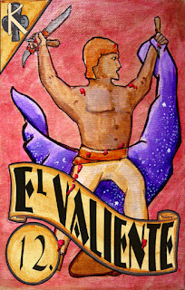 A painting ofthe El Valiente loteria card which has an eerie similarity to Orion.