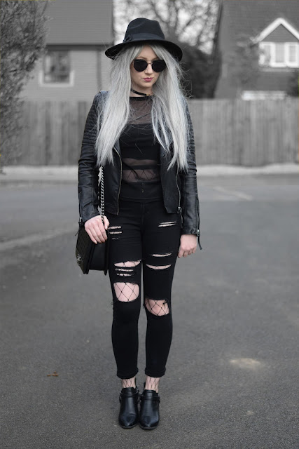 Sammi Jackson - Black Primark Fedora, Zaful Sunglasses, Topshop Biker Jacket, Sheer Mesh Top, Choies Fishnets, Choies Ripped Jeans, Oasap Quilted Bag, WHolesale 7 Buckled Boots