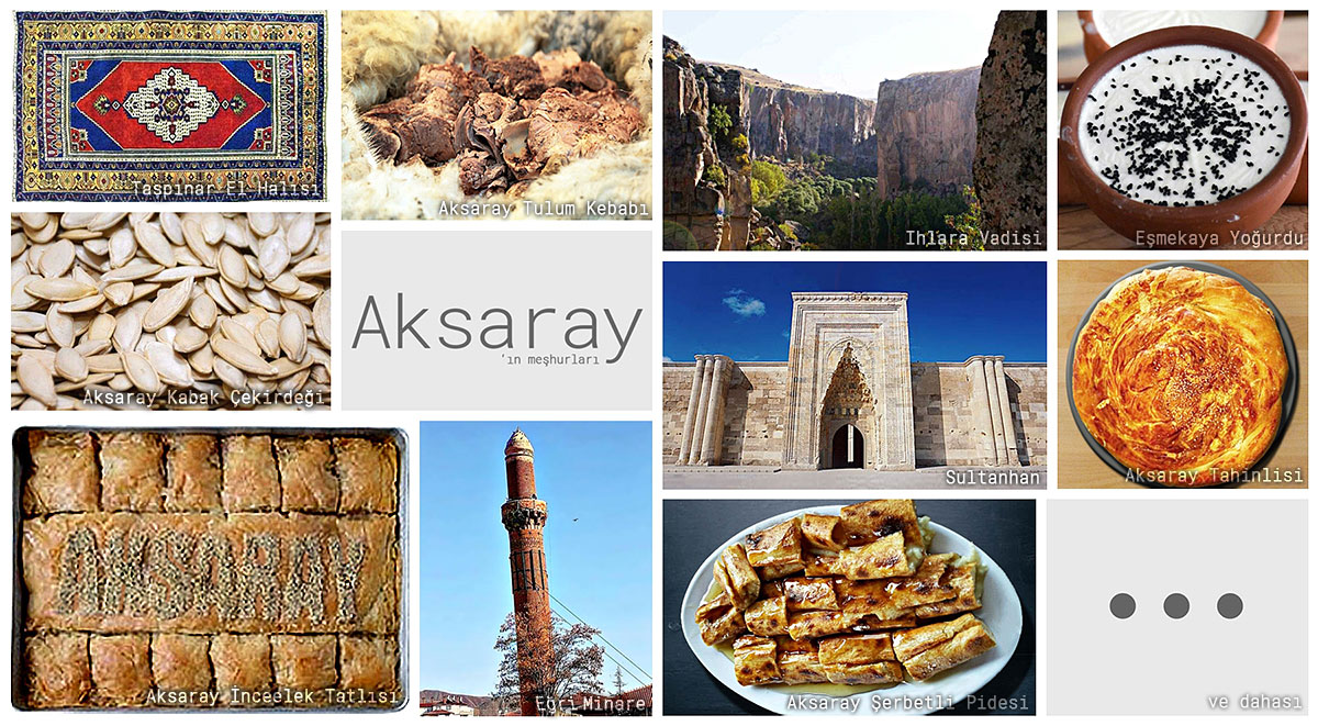 Aksaray'ın meşhur şeylerini gösteren resimlerden oluşan kolaj