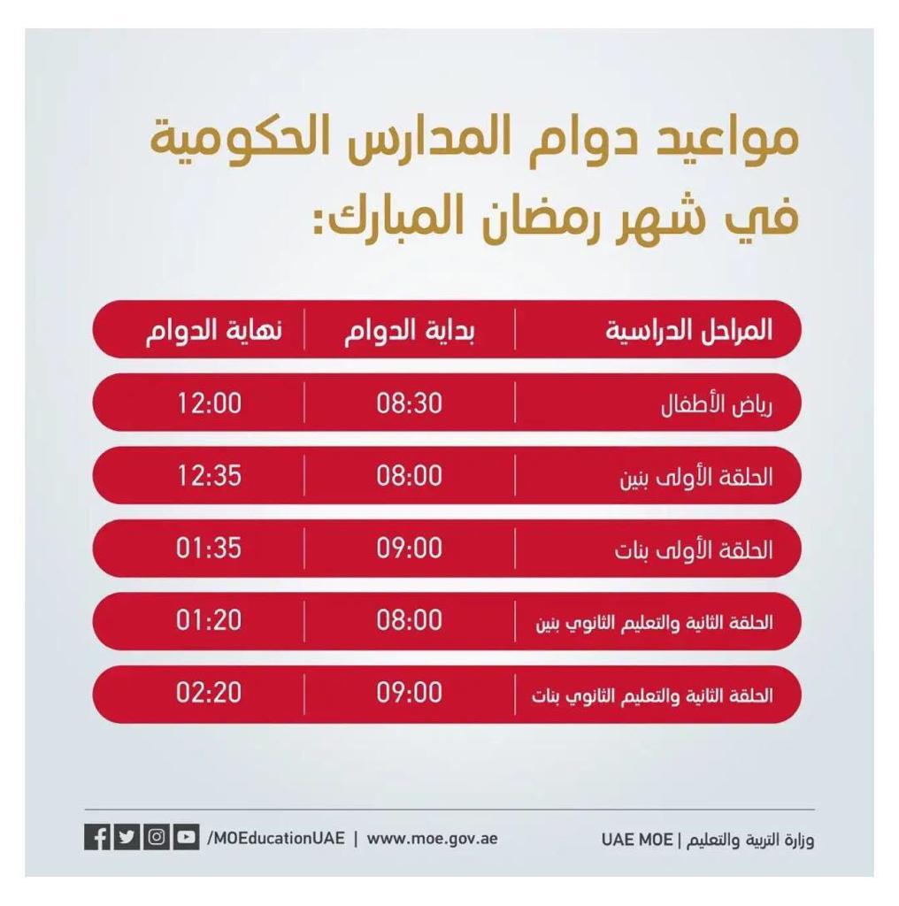 مواعيد دوام المدارس الحكومية في شهر رمضان المبارك ملفات مدرسية أخبار الفصل الأول 2018 2019 المناهج الإماراتية