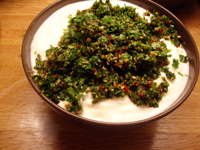 libyan food Spicy Garlic, Chili and Coriander Yogurt Sauce
