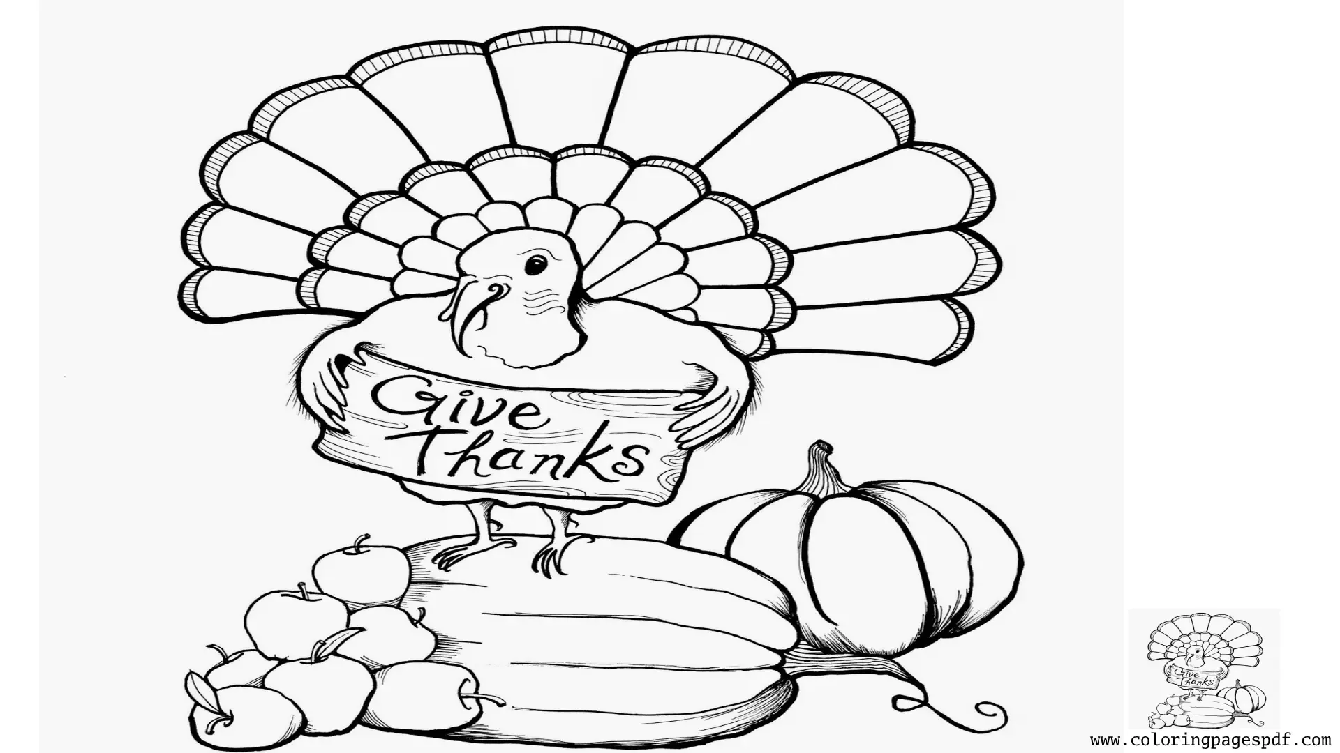 Coloring Page Of A Turkey On Top Of Fruits And Vegetables