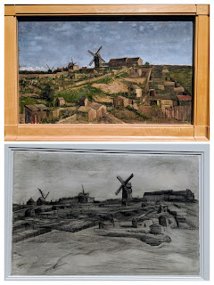 A sketch and a painting of the same view of Montmartre by Vincent van Gogh