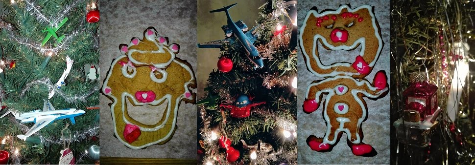 Lentokoneet lensivät joulukuuseen ja pipariukot muuttuivat hassuiksi. joulukuusenkoristeet piparkakut joulunaika