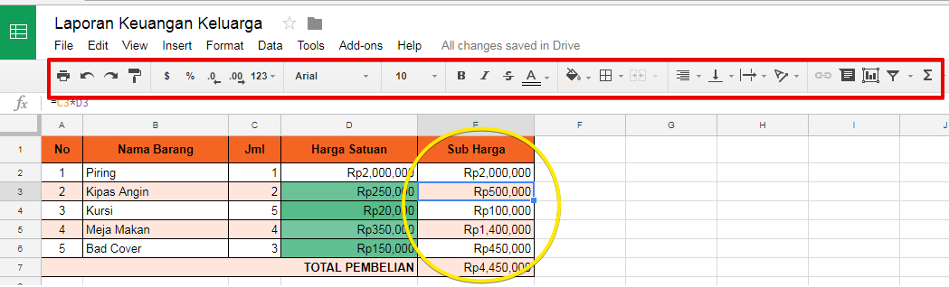 Contoh perhitungan dasar Google Sheet Contoh perhitungan dasar Google Sheet
