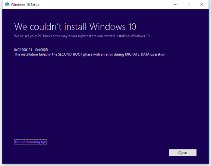 Windows 10 upgradefout - 0xC1900101 - 0x4000D