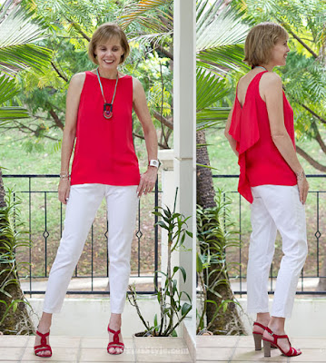red blouse with white pants