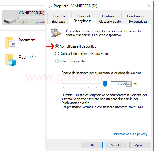 Windows 10 finestra opzioni ReadyBoost Non utilizzare il dispositivo