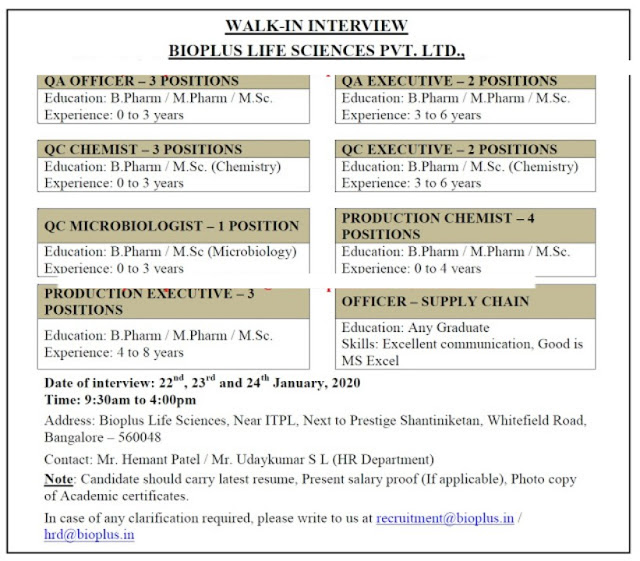 Bioplus Life Sciences Walk-In Interviews for Freshers and Experienced