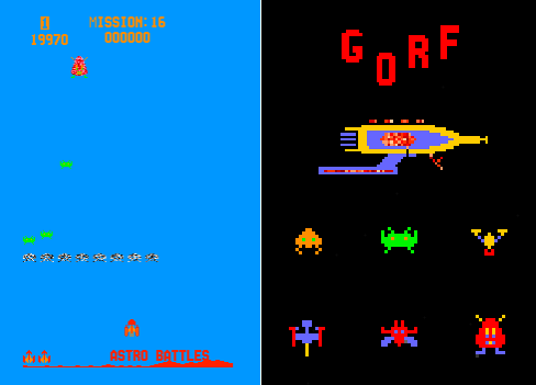 Animation and gameplay of Gorf, showing some of the enemy and boss sprites.  Gameplay is taken from the first stage, a Space Invaders clone.