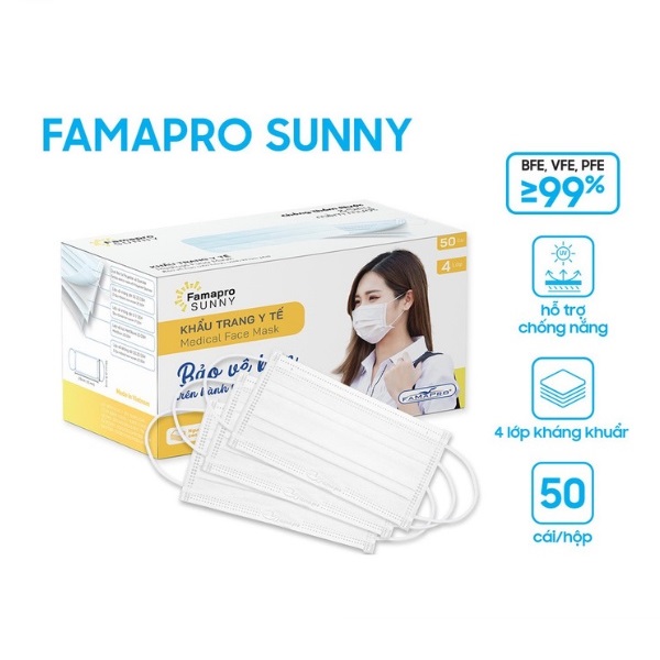 [SUNNY- HỘP 50 CÁI] Khẩu trang y tế kháng khuẩn 4 lớp Famapro Sunny (50 cái/ hộp)