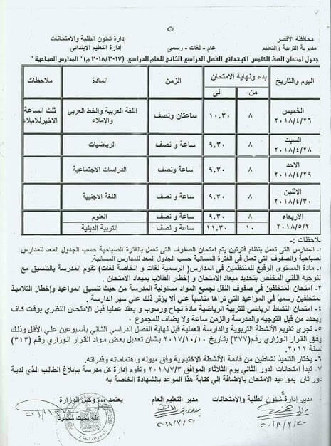 جدول امتحانات الصف الخامس الابتدائي 2018 الترم الثاني محافظة الأقصر جدول امتحانات الصف الخامس الابتدائي 2018 الترم الثاني محافظة الأقصر