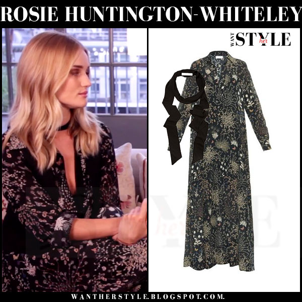 Rosie HuntingtonWhiteley in black herb print silk dress with black