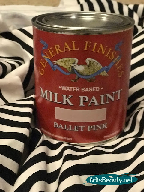 general finishes milk paint in ballet pink and black and white thrifted striped fabric