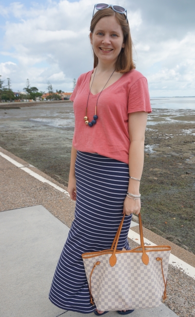 Away From Blue  Aussie Mum Style, Away From The Blue Jeans Rut: Weekday  Wear Link Up: Pink Tees and Blue Printed Maxi Skirts with Louis Vuitton  Neverfull