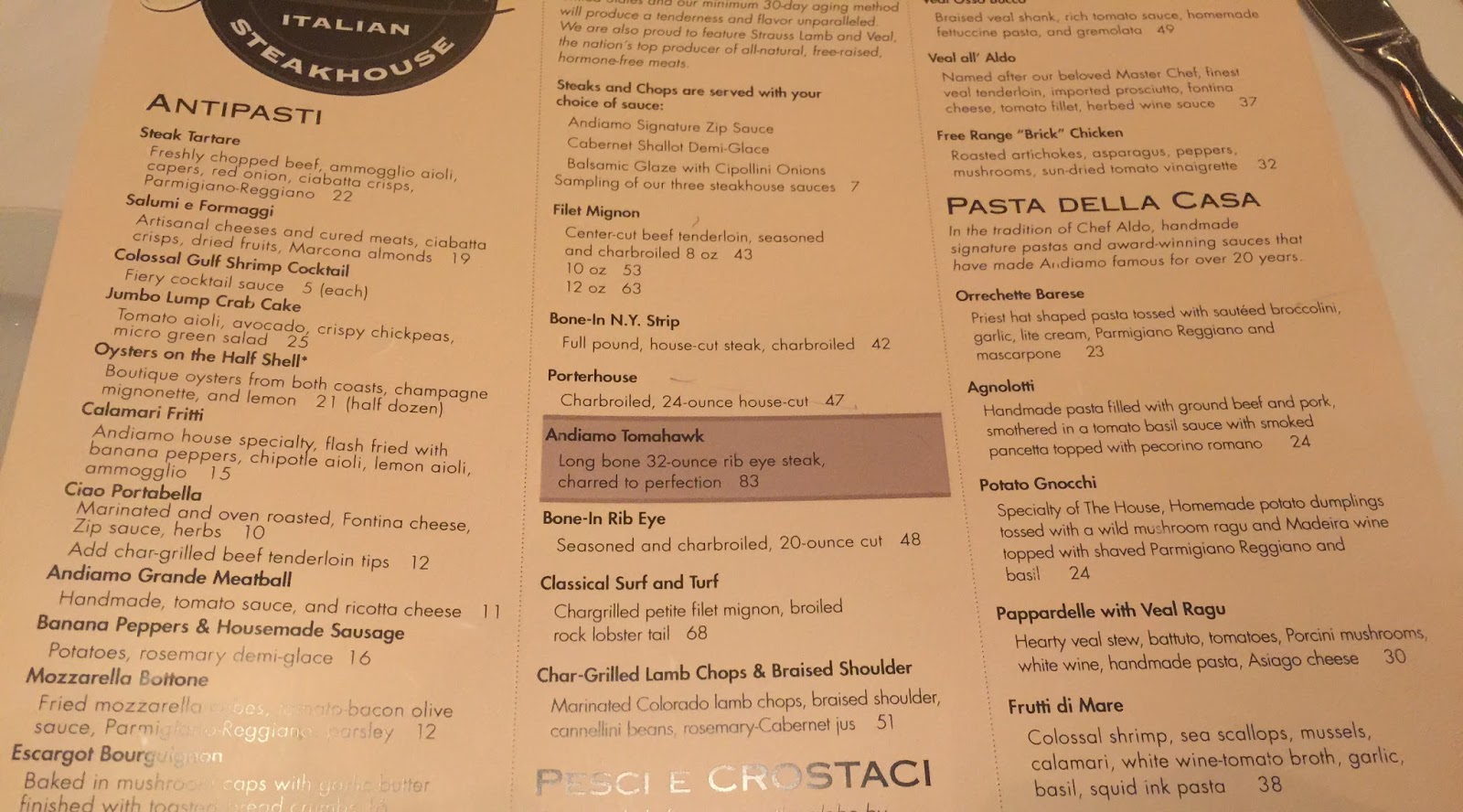 Andiamo Las Vegas Menu