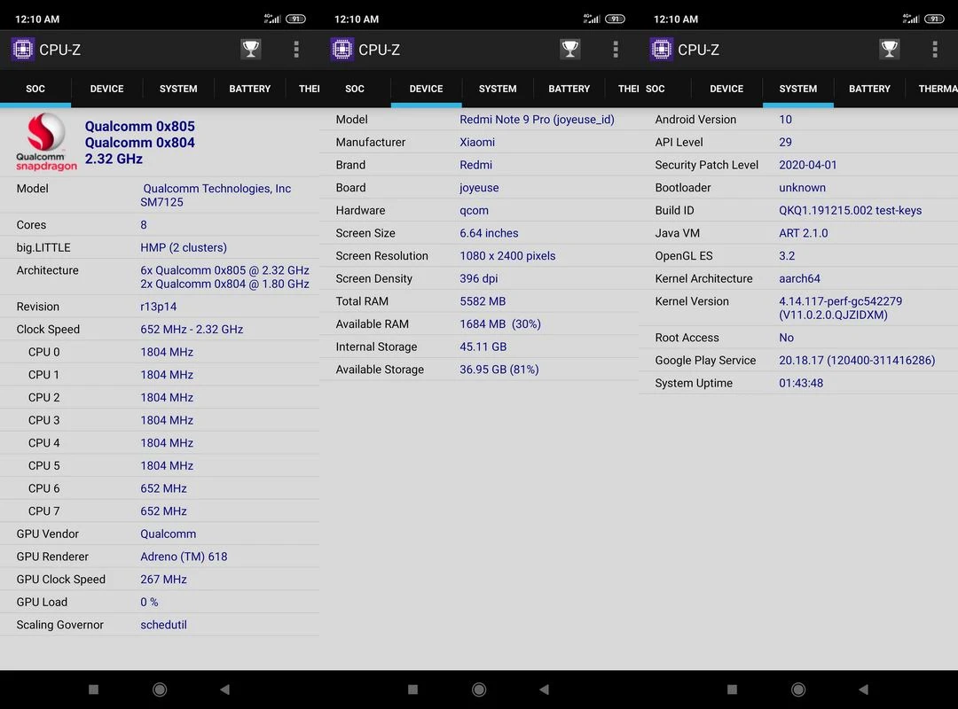 CPU-Z Xiaomi Redmi Note 9 Pro