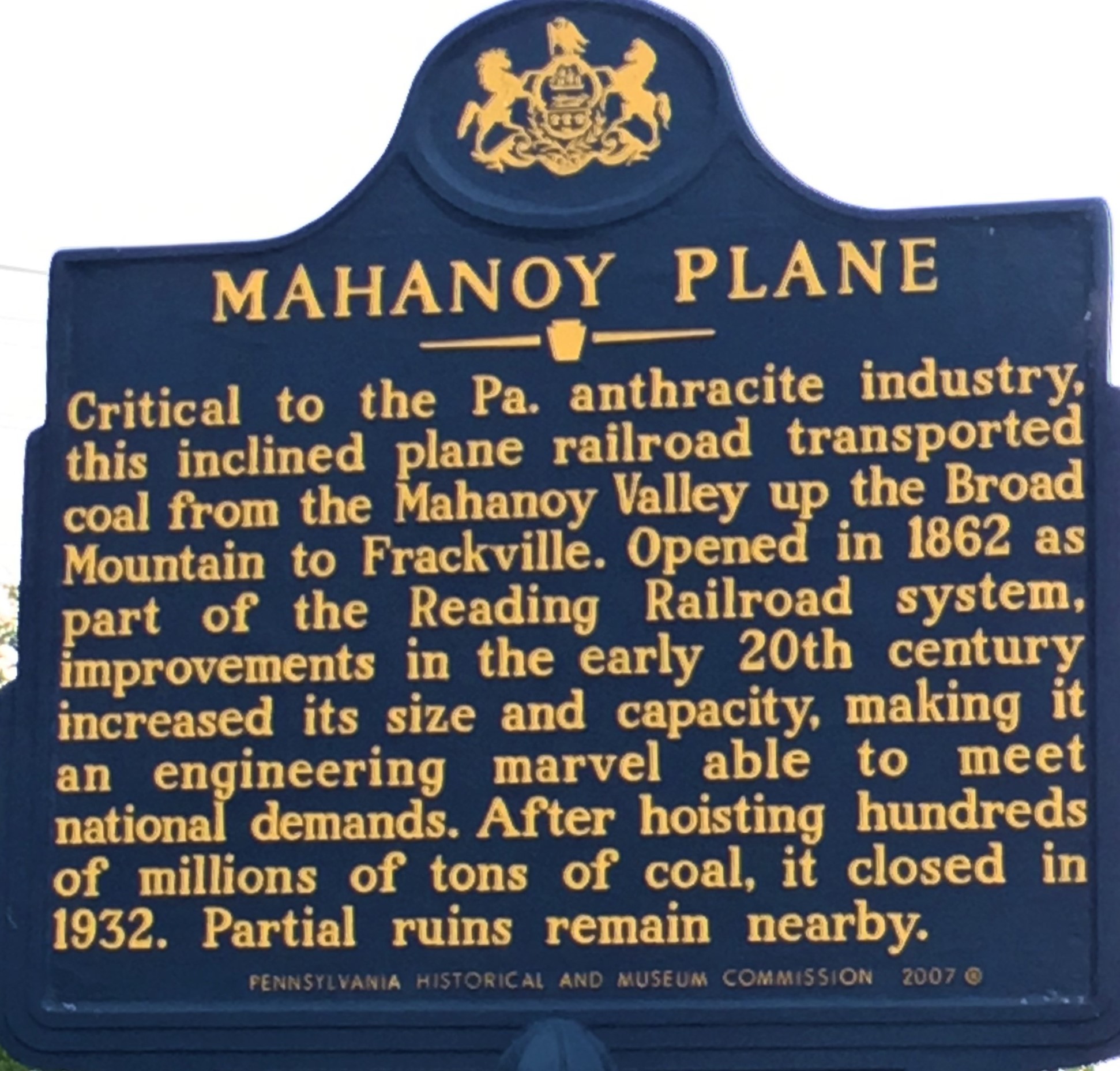 MarkerQuest Mahanoy Plane, Frackville, Schuylkill County
