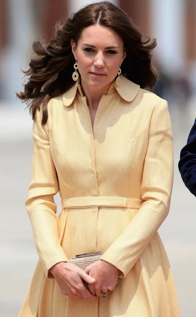 Prince William, Duke of Cambridge and Catherine, Duchess of Cambridge arrive into Paro International Airport for the first day of a two day visit to Bhutan. Kate wore Emilia Wickstead soft-yellow gold bespoke coatdress