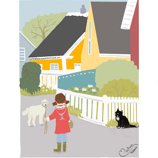 Kind geht mit Hund einkaufen,Illustration