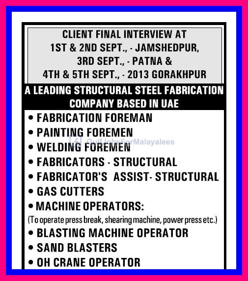 Vacancies For A Leading Structural Steel Fabrication Company Based In