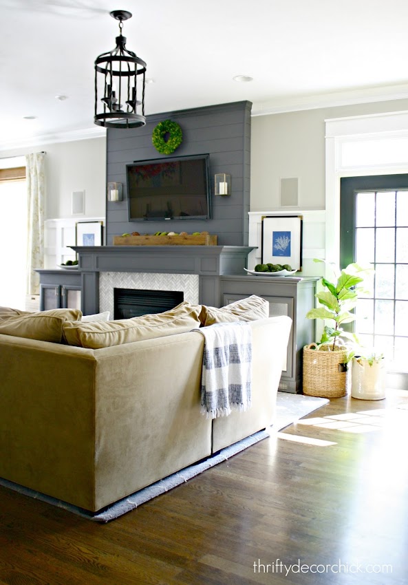 gray fireplace with built ins