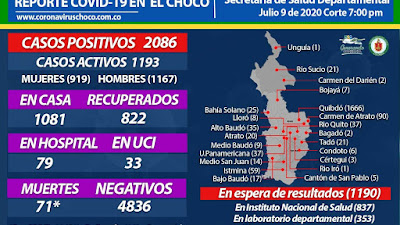 2086 positivos de Covid 19 para el Chocó según el reporte del jueves 9 de julio. Los nuevos casos: 14 en Quibdó, 8 en Bajo Baudó, 3 en Carmen de Atrato, 2 en Istmina, 1 en Bahía, 1 en Carmen del Darién.
