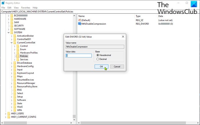 Включить или отключить сжатие файлов NTFS через редактор реестра
