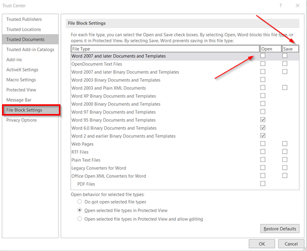 Comment modifier les paramètres du bloc de fichiers dans les programmes Microsoft Office