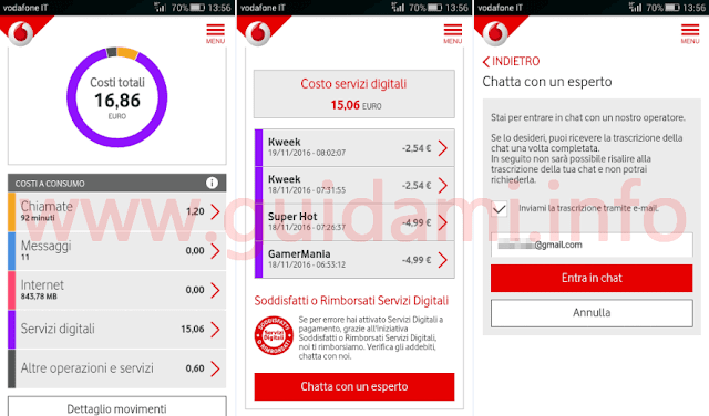 App My Vodafone entrare in chat per disattivare, bloccare, rimborsare Servizi digitali