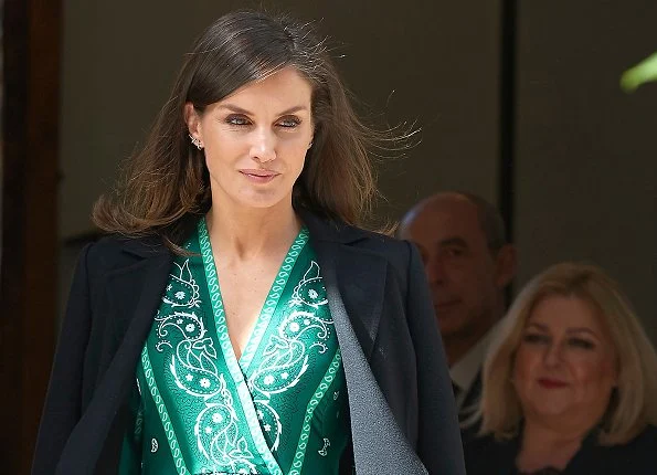 Queen Letizia wore Sandro iconic scarf-print dress, Prada pumps and Carolina Herrera coat for Inauguration of Real Monasterio de la Encarnacion