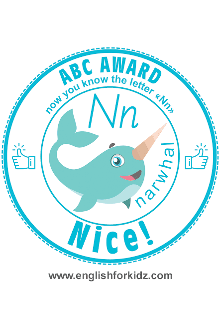 Printable award for ABC learning -- letter n is for narwhal