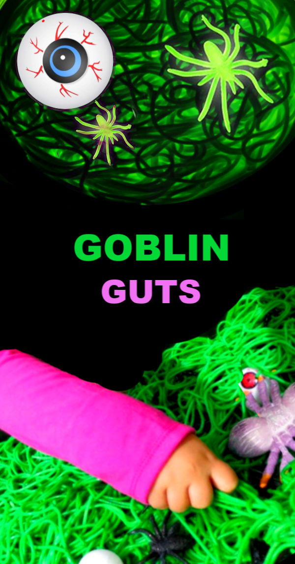 Make spooky spaghetti for kids Halloween sensory activities.  My kids called this goblin guts! #goblinguts #spaghettirecipes #spaghettislime #halloweenspaghetti #halloweensensorybin #halloweensensoryactivities #spookyspaghetti #howtodyespaghettinoodles #sensoryactivities #sensorybins #growingajeweledrose