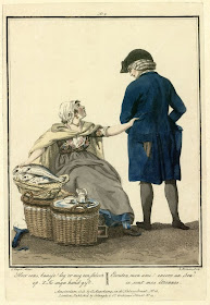 engraving of female fishmonger pleading for more money from customer