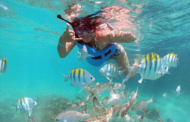 Parrachos de Maracajaú mulher jovem de snorkel mergulhando em um recife de corais