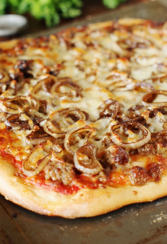 Sausage & BalsamicCaramelized Onion Pizza and a homemade whole wheat