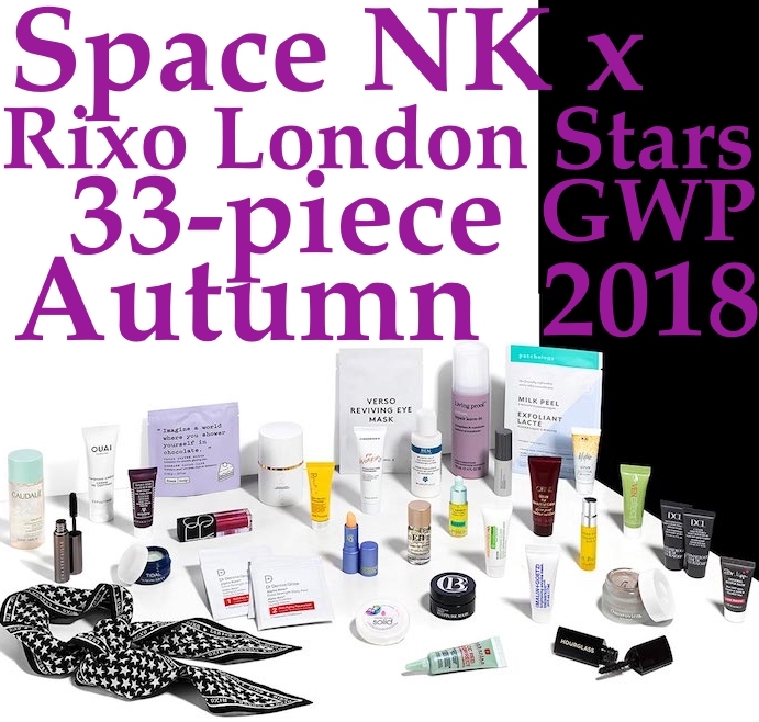 Contents of the Space NK Stars Collection, a 33-piece free gift with purchase goody bag with beauty, skincare, and makeup for Autumn 2018 that ships worldwide.
