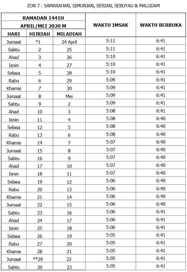 Waktu Berbuka Imsak Seluruh Sarawak 2020