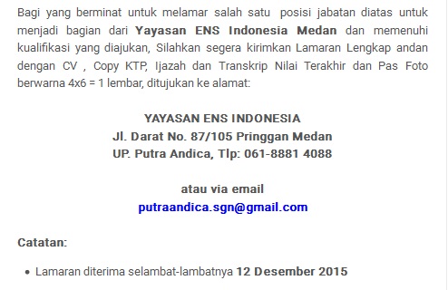 Lowongan Kerja Medan Guru Yayasan ENS Indonesia Desember 
