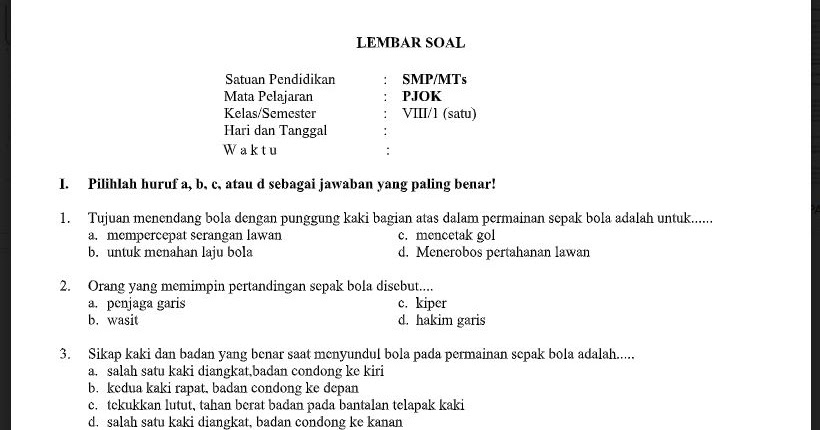 Soal Pas Pjok Kelas 8 Kurikulum 2013 Smp Mts Soal Pelajaran