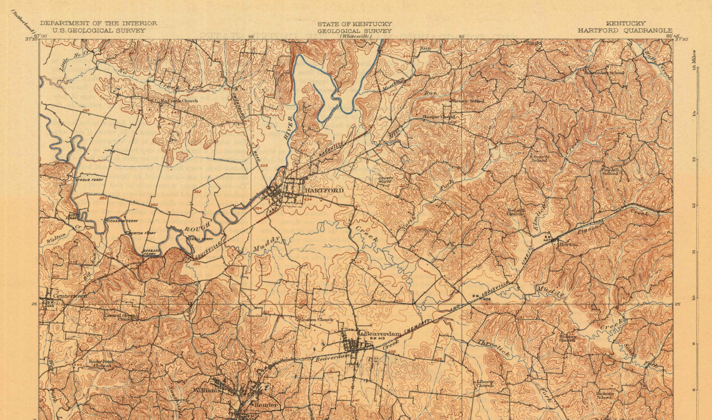 Ohio County, Kentucky History 1909 map of Hartford and area