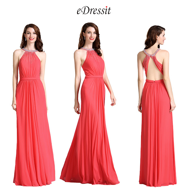 Carlyna Coral Beaded Halter Neck Ruched Bridesmaid Evening Dress