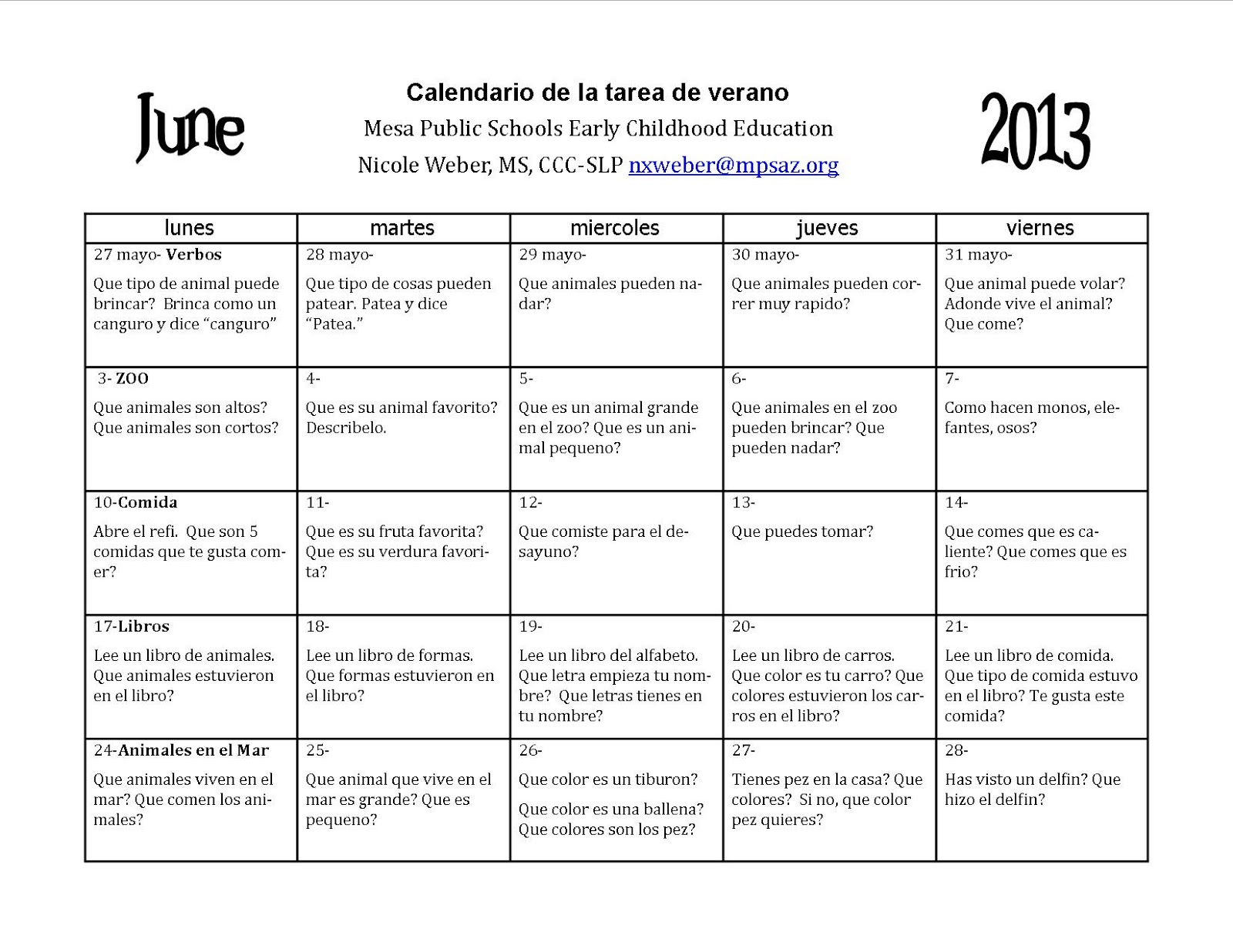Weekly Homework Calendar for Articulation